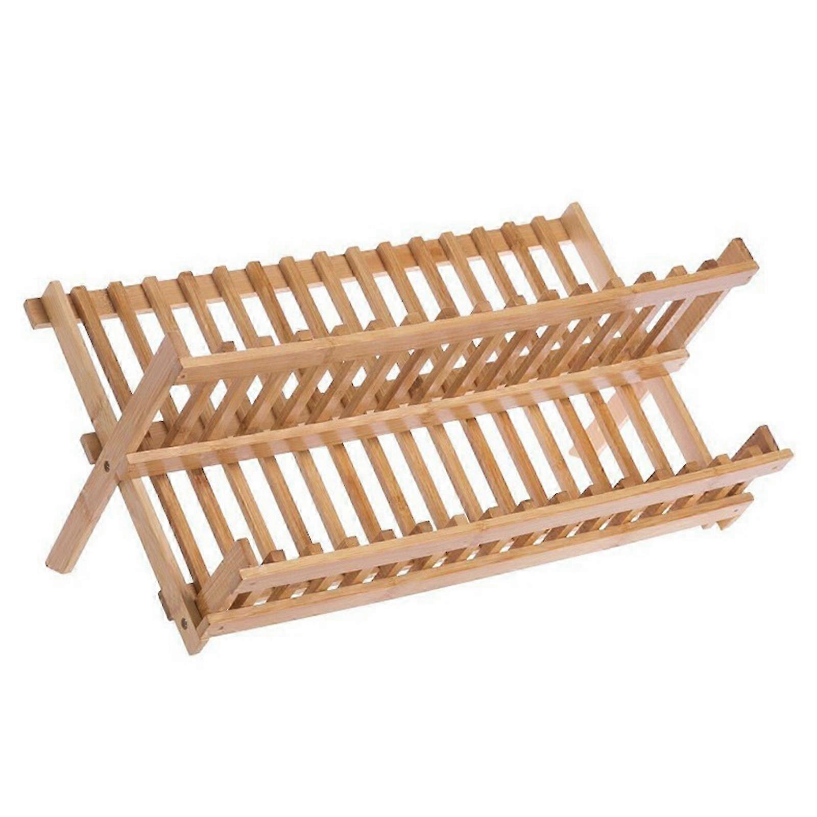 16-Compartment Bamboo Dish Rack - Double Layers for Plates & Bowls