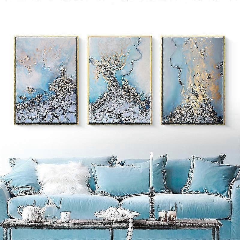 Set Paintings, Blue Marble Prints Of 3 Abstract Decorative Canvas