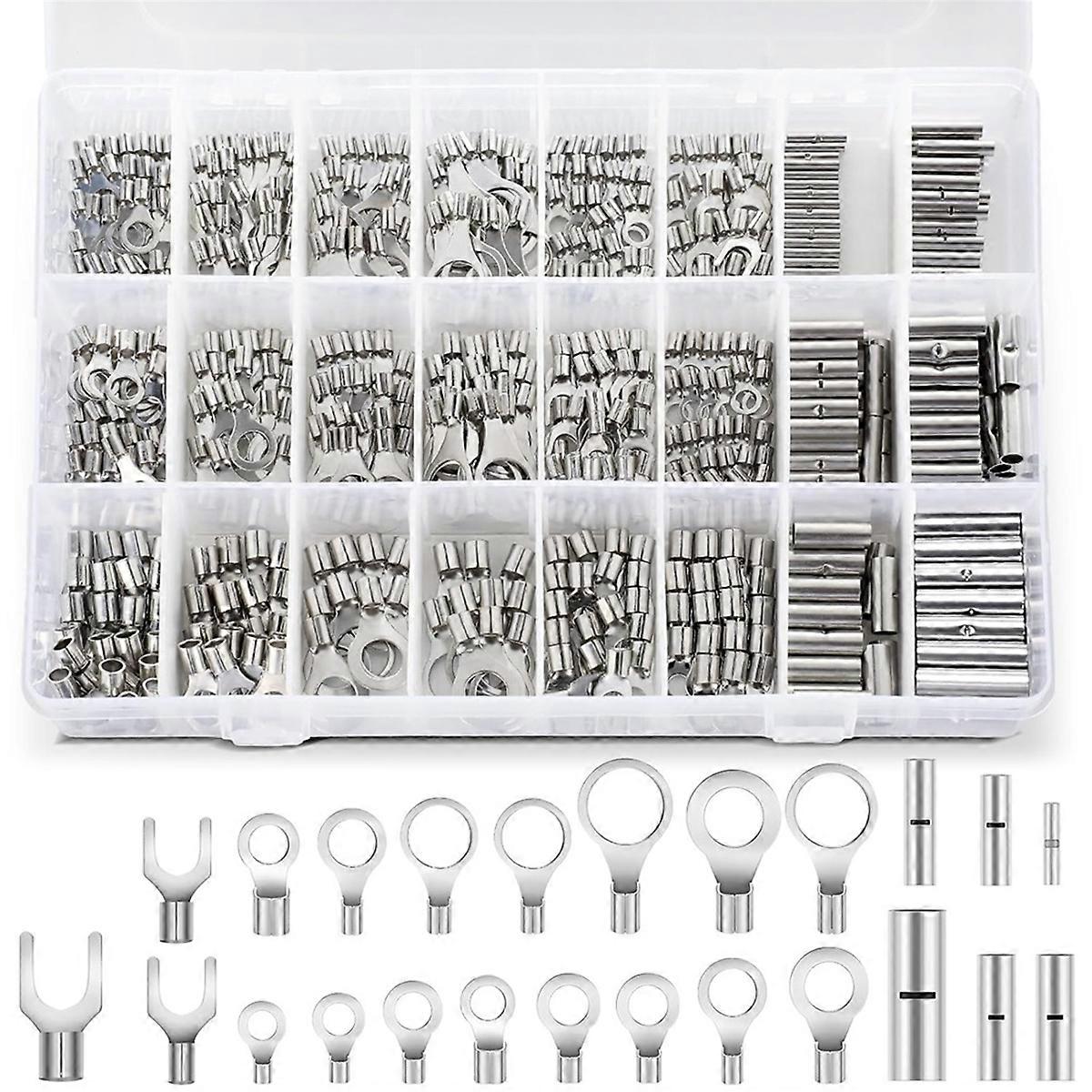600pc Non-Insulated Ring Terminal Kit,AWG 22-10 Copper Connector Seamless Uninsulated Butt Terminal Block Assortment Kit