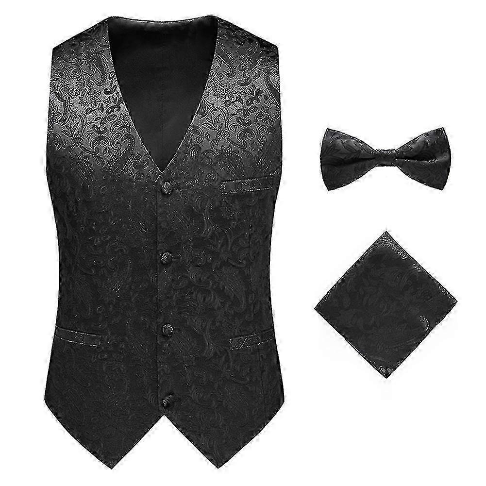 Men's Paisley Design Formal Vest and Bow Tie Set with Pocket Square for Suit or Tuxedo Suitable for Various Brands
