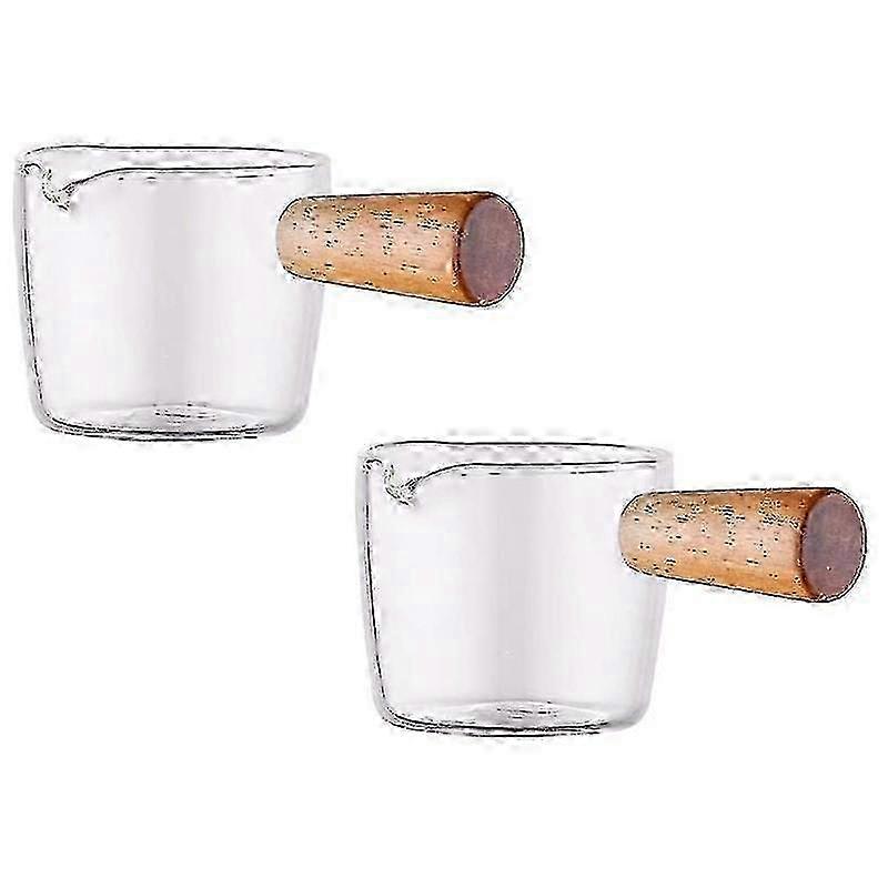 2pcs Transparent Glass Creamer with Wooden Handle, Mini Coffee Milk Creamer Pitcher, 50ml