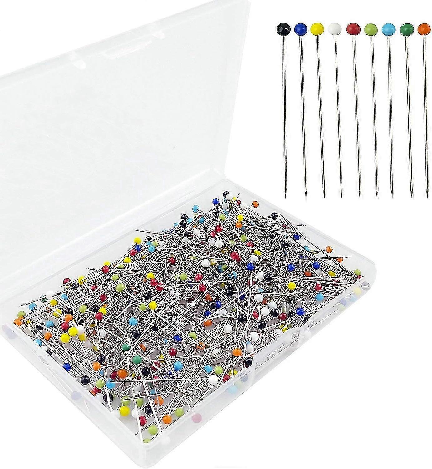 500 épingles à courtepointe droites multicolores avec têtes à billes en verre dans une boîte transparente