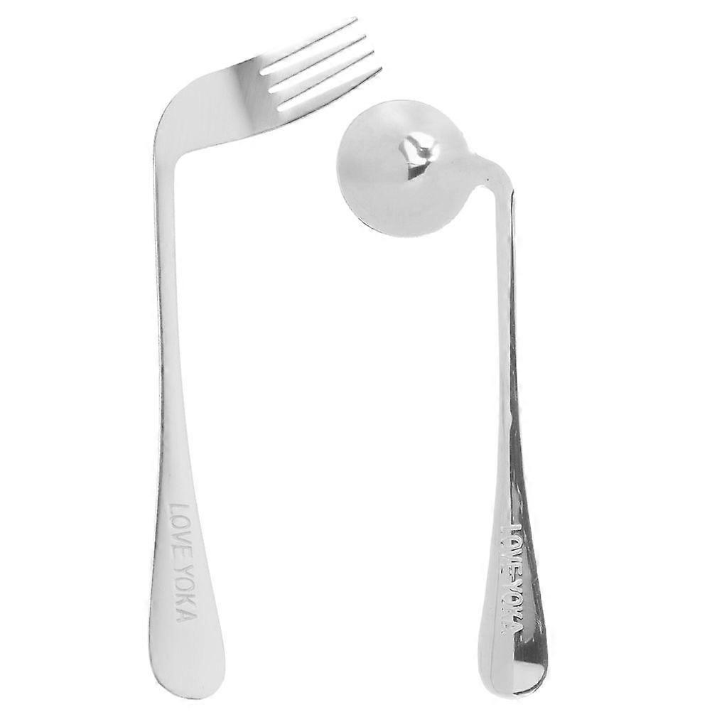 1 Set of Stainless Steel Self-Feeding Curved Utensil Angled Spoon Curved Fork for Elderly Patients