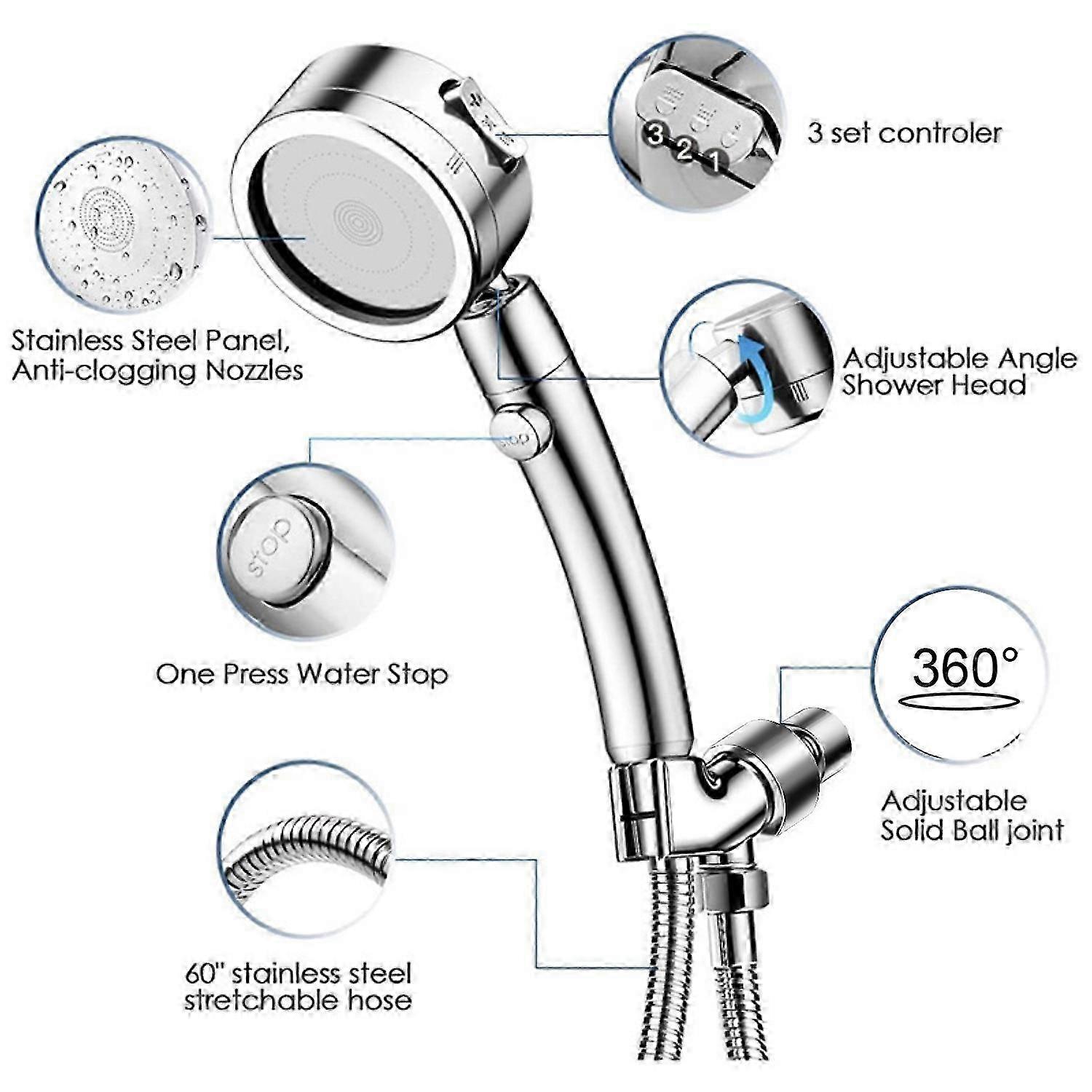 Handheld Shower Head with ON/OFF Pause Switch & 3 Spray Setting High Pressure Showerhead with Extra