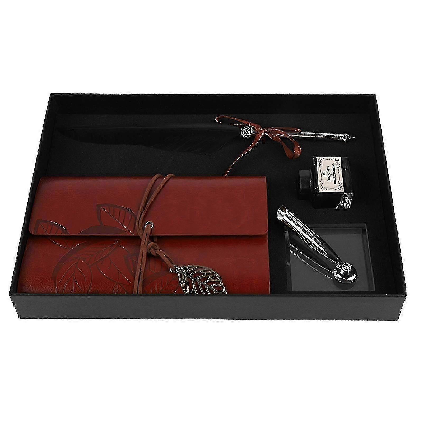 Retro Läder Anteckningsbok Reservoarpenna Fjäder Dip Pen Bläckflaska Set Brevpapper Presentförpackning Svart-Bra