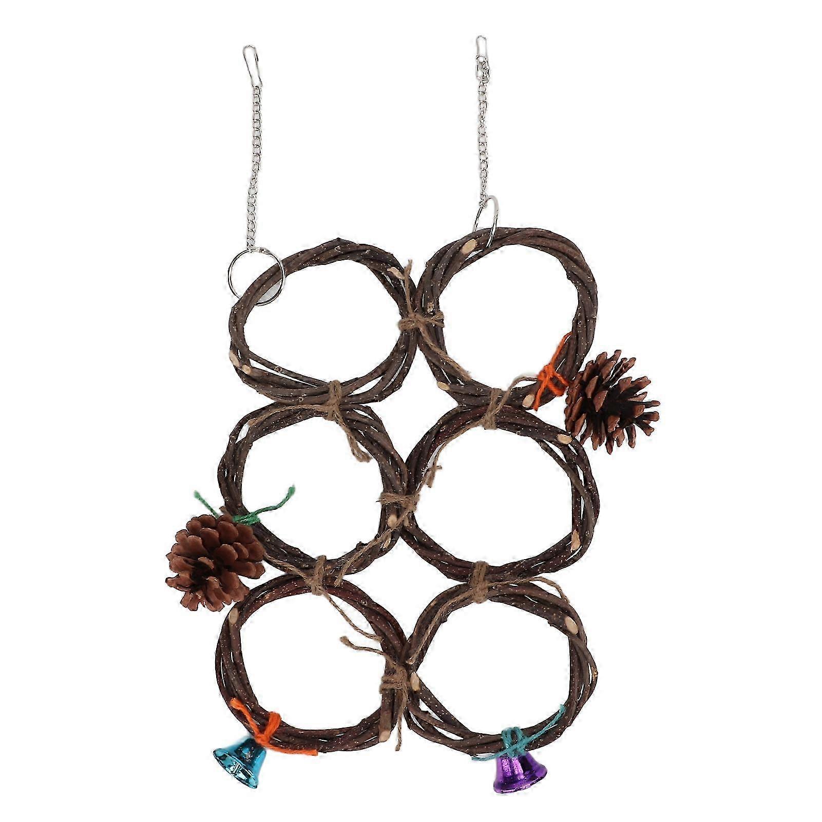 Wooden Bird Hanging Swing Ring Toy with Climbing Net and Bells, Set of 6
