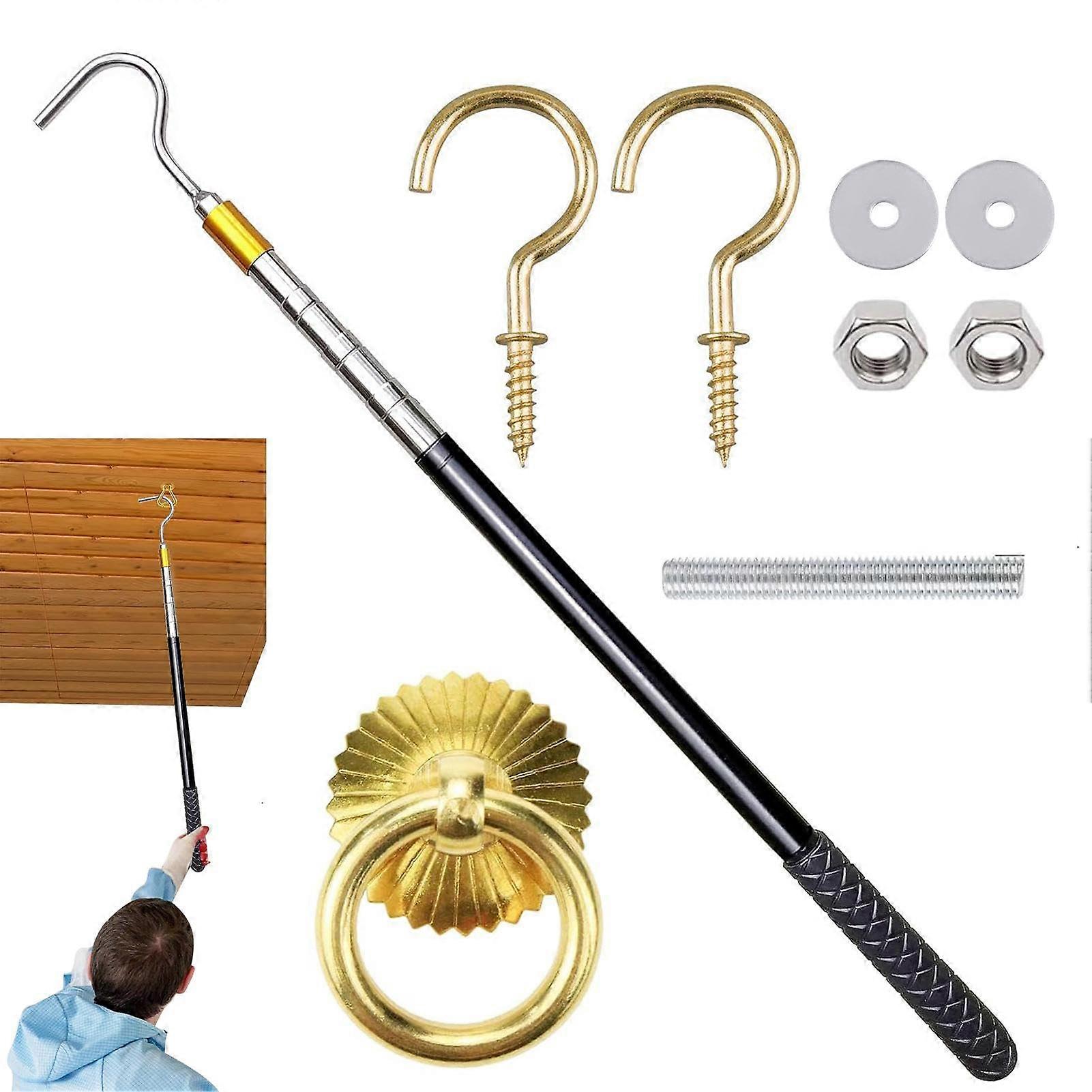 Ladder Traction System Kit with Hook Extension Pole Set for Loft Stairs, Copper Storage Hooks, and Handle Tool for Home Use