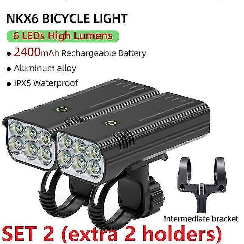 2 Pcs USB Rechargeable Bike Light Set 3600LM Headlight with 6 LEDs Super Bright Flashlight and Colorful Rear Light for suitable for a bicycl