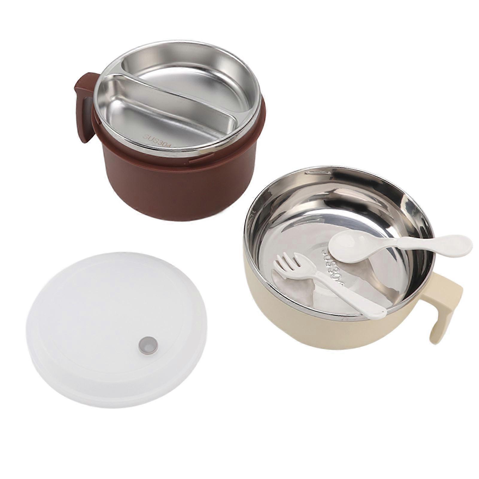 Stainless Steel Noodle Bowl Lunch Box Double Layer Ramen Bowl with Handle Lid Fork and Spoon for Office Workers Students Coffee and Beige