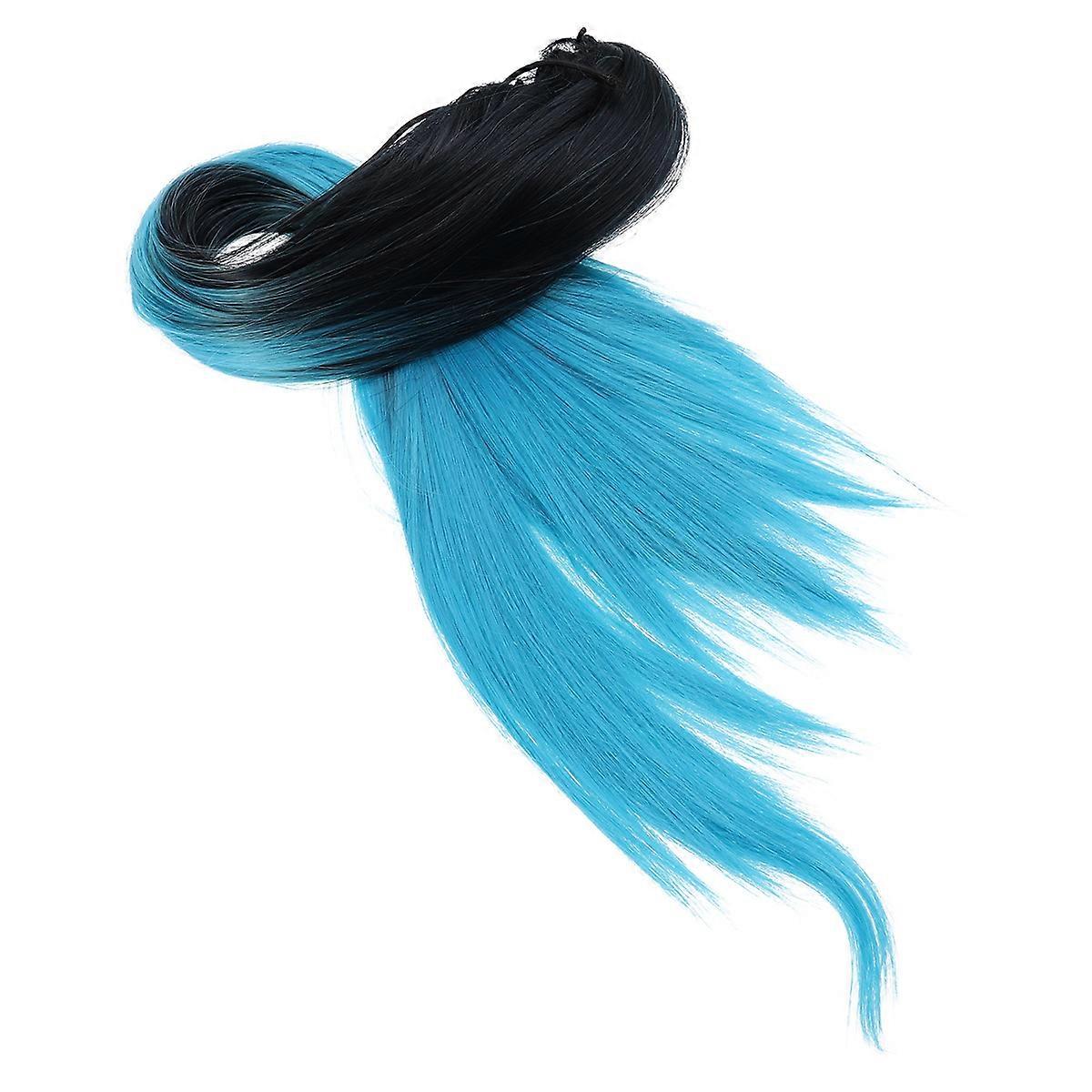 Long Straight Gradient Synthetic Hair Wig Jaws Clamp Ponytails Extensions 1 Set Black and Turquoise