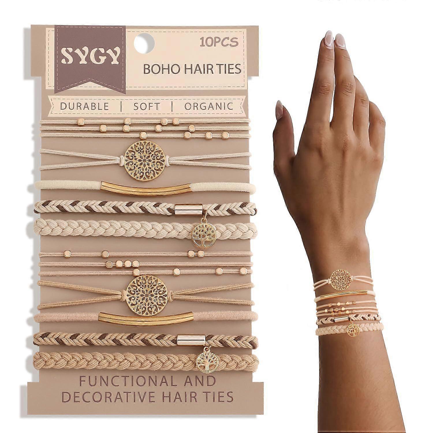 Boho Hair Ties & Bracelets Set, 5 Styles, 10 Pcs