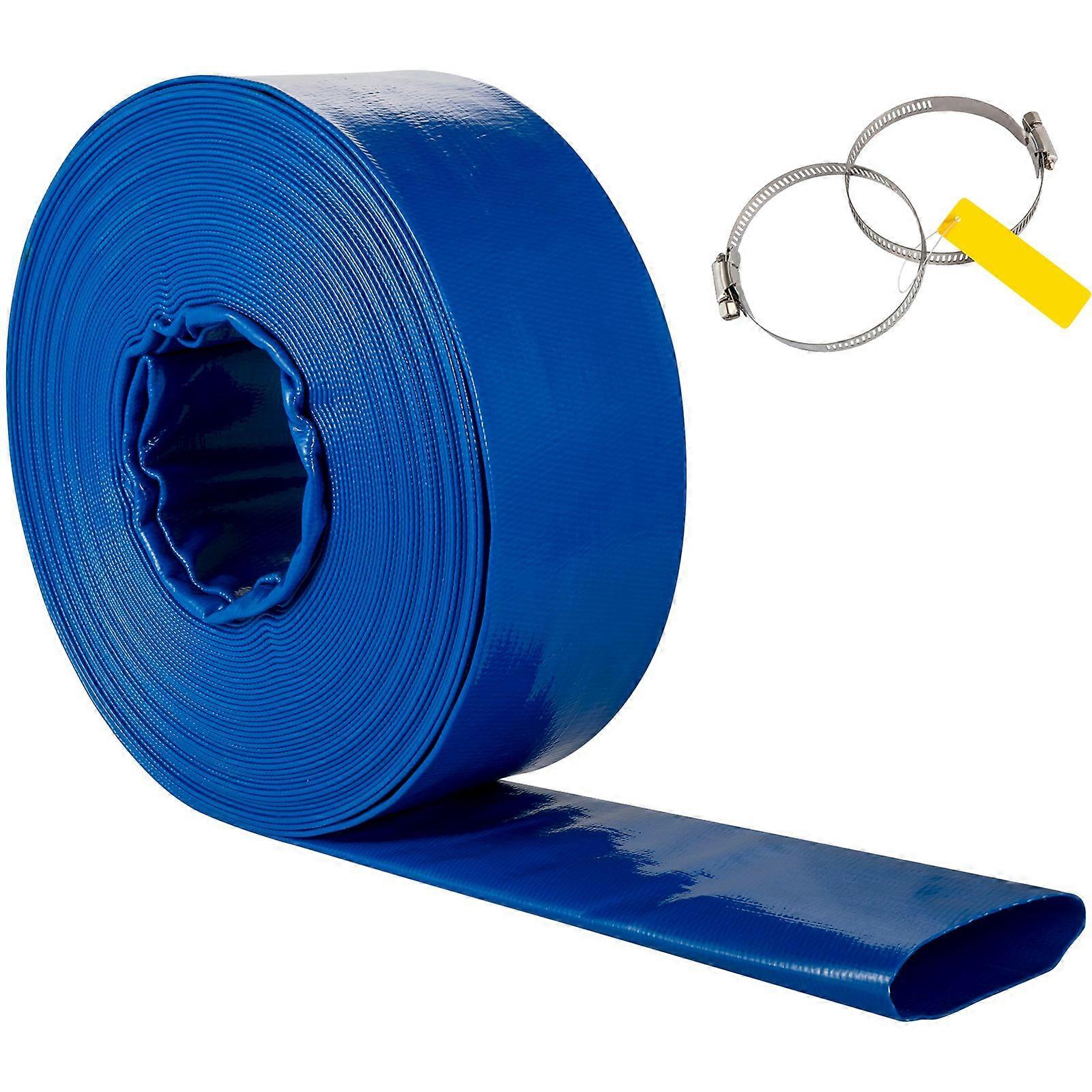 Discharge Hose, 2" x 105', PVC Fabric Lay Flat Hose, Heavy Duty Backwash Drain Hose with Clamps, Weather-proof & Burst-proof