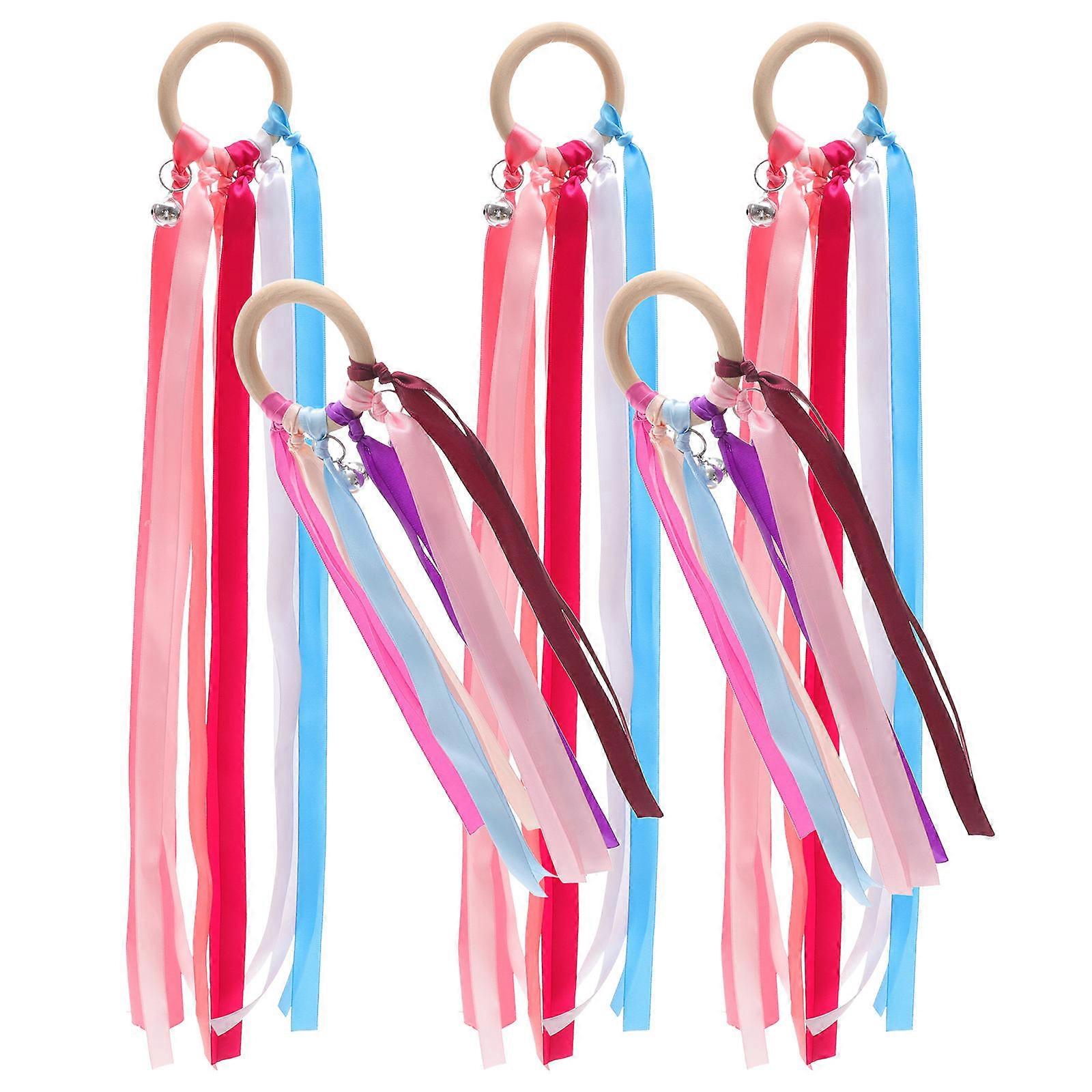 Rainbow Hand Kite with Bells for Dancing Vibrant Ribbon Streamers Wooden Handle Assorted Color