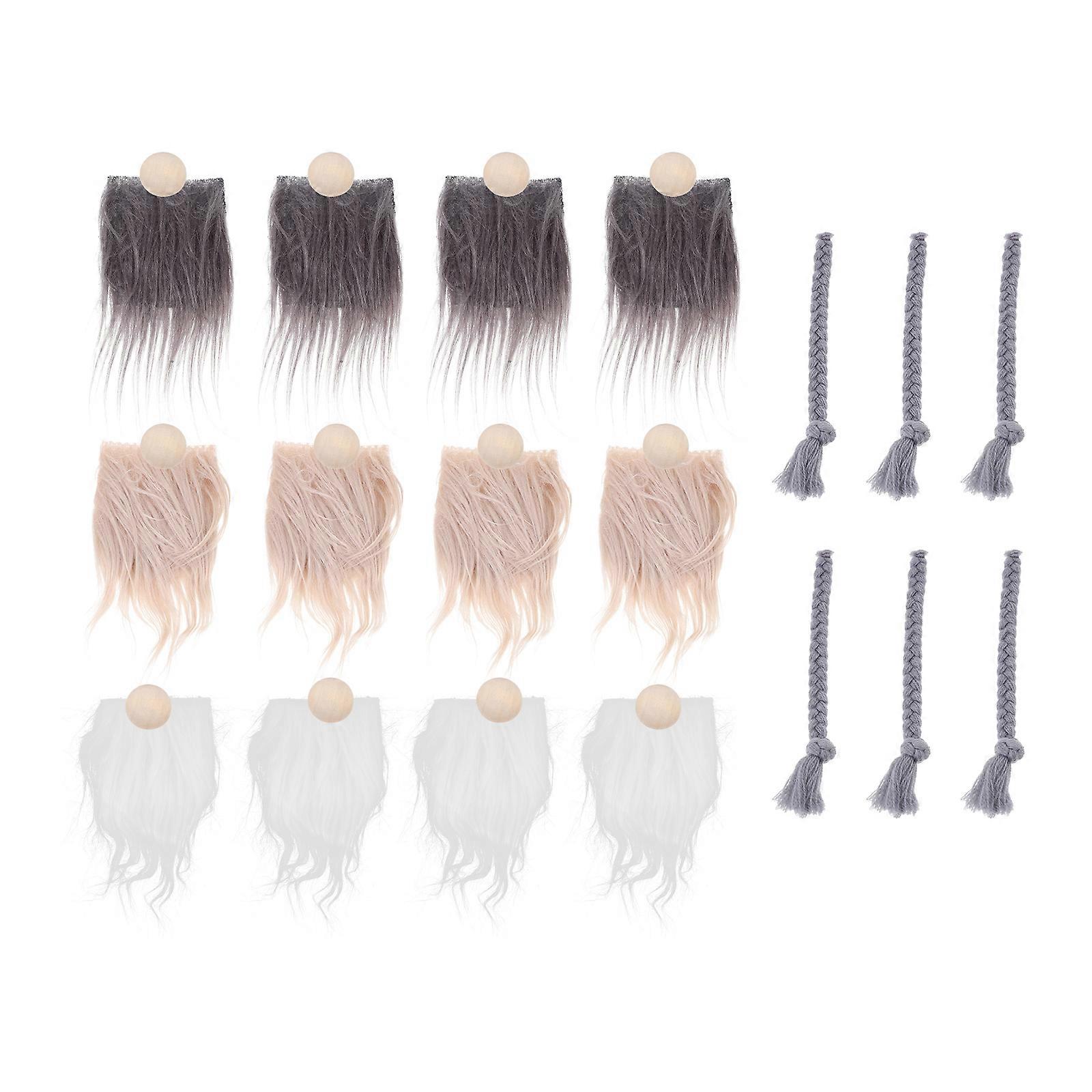 Pre Cut Artificial Gnome Beard with Braids – DIY Gnome Making Supplies for Crafting Plush Dolls, Includes White, Khaki & Dark Gray Strips and Nose