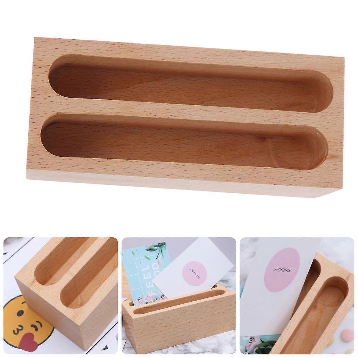 Wooden Business Card Holder for Desk Simple Geometric Design Large Capacity Khaki 2 Compartments