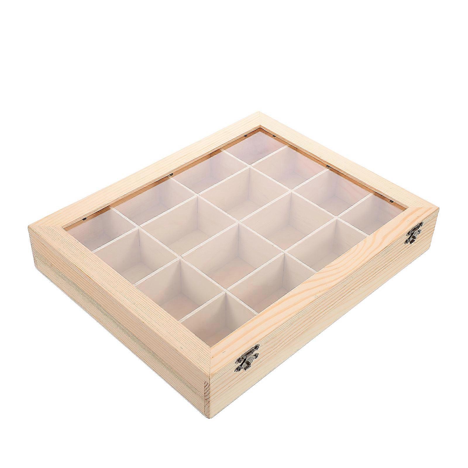16 Grid Mineral Specimen Display Box with Clear Lid Wooden Rock Storage Organizer for Crystal Stone Collections