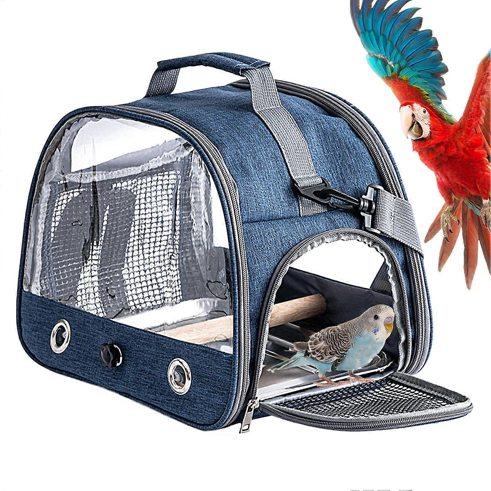 Bird Travel Bag - Portable Pet Carrier Cage with Standing Perch, Tray, and Navy Color for Budgies, Parakeets, and Conures