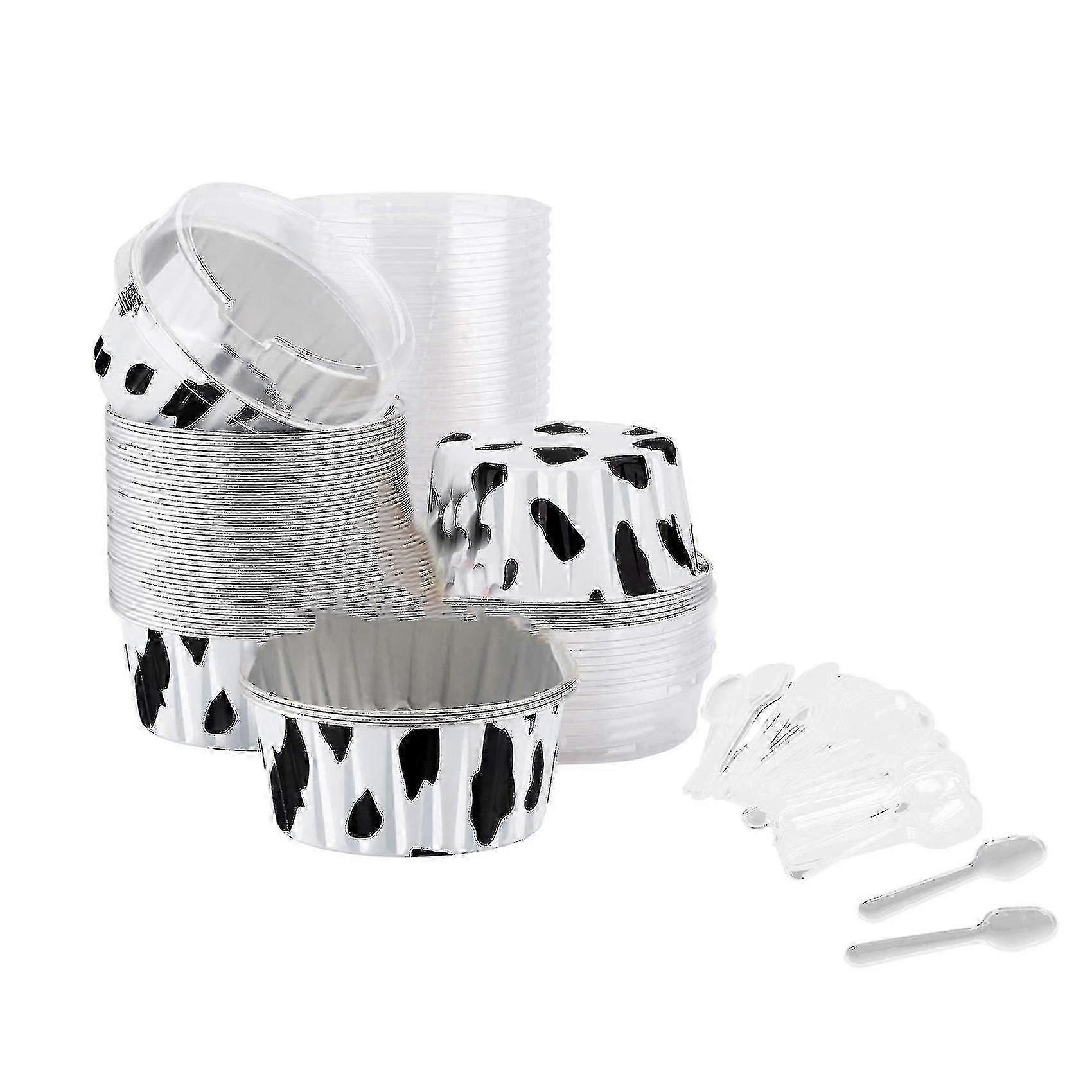 50 adet Alüminyum Folyo Cupcake Liners Bardaklar Kapaklı ve Kaşıklı, Düğün İçin 5oz Tek Kullanımlık Kek Bardakları