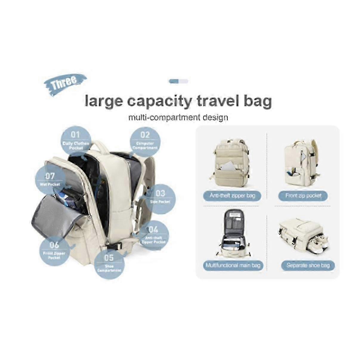 Light Blue Large Capacity Travel Backpack with Toiletry Bag and Portable Storage Feature