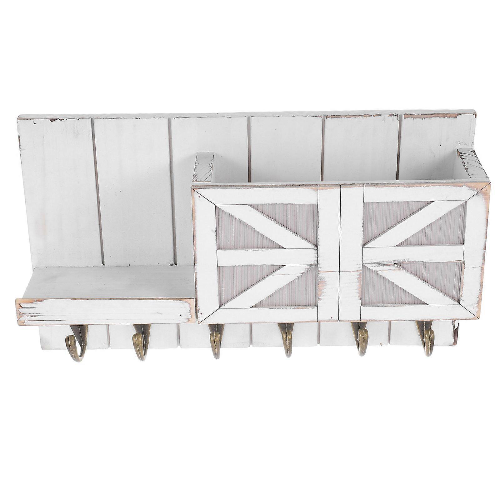 Rustic Solid Wood Wall Shelf with Coat Hooks and Key Rack – Compact Entryway Organizer Storage in White, European Style