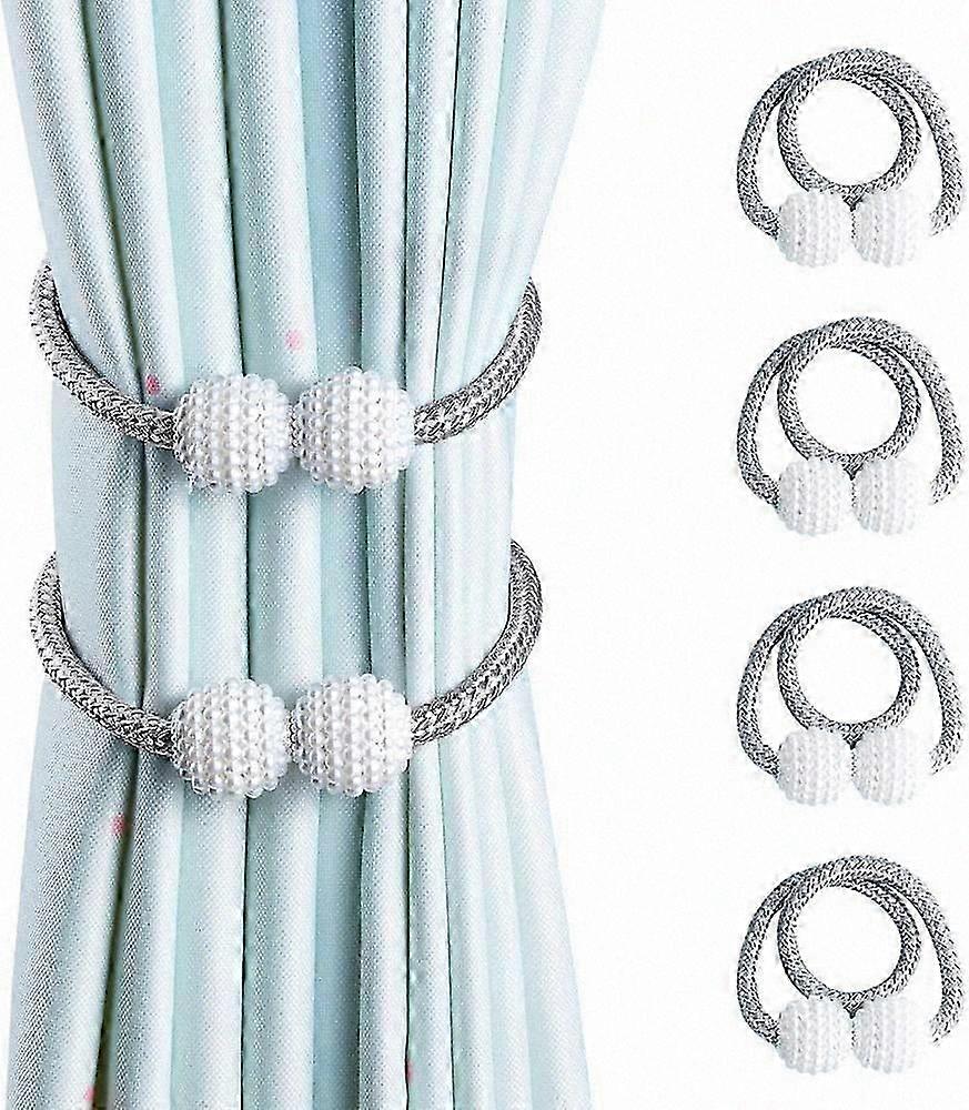 Magnetic Curtain Tiebacks with Pearl Design, 4-Pack Grey Window Drape Holdbacks for Home and Office Decor