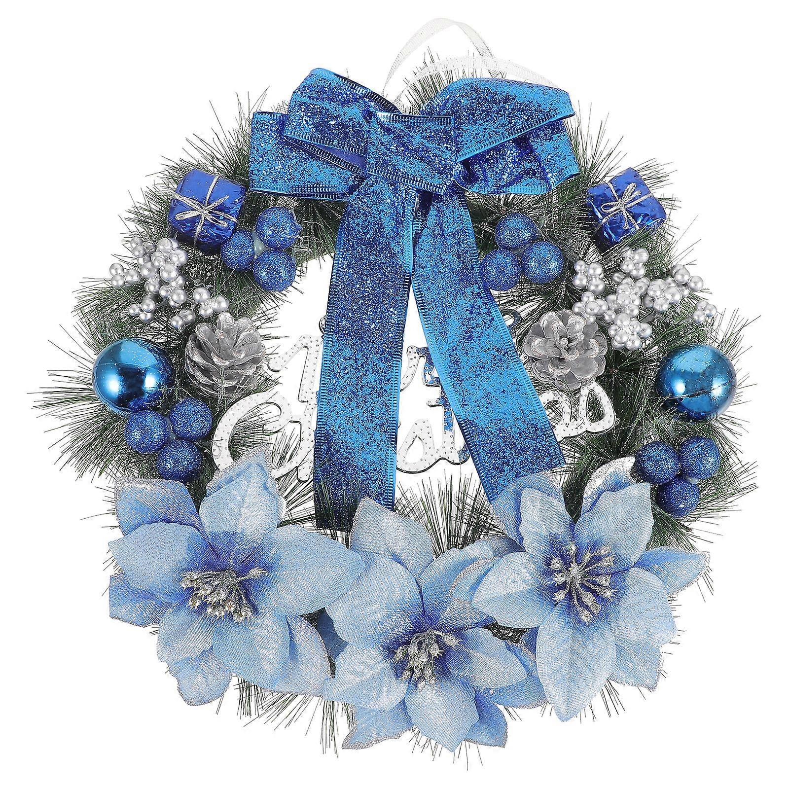 30cm Christmas Artificial Pine Wreath Hanging Pendant Decor Wreath for Home Christmas Party Wall Door Window Decor (Blue)