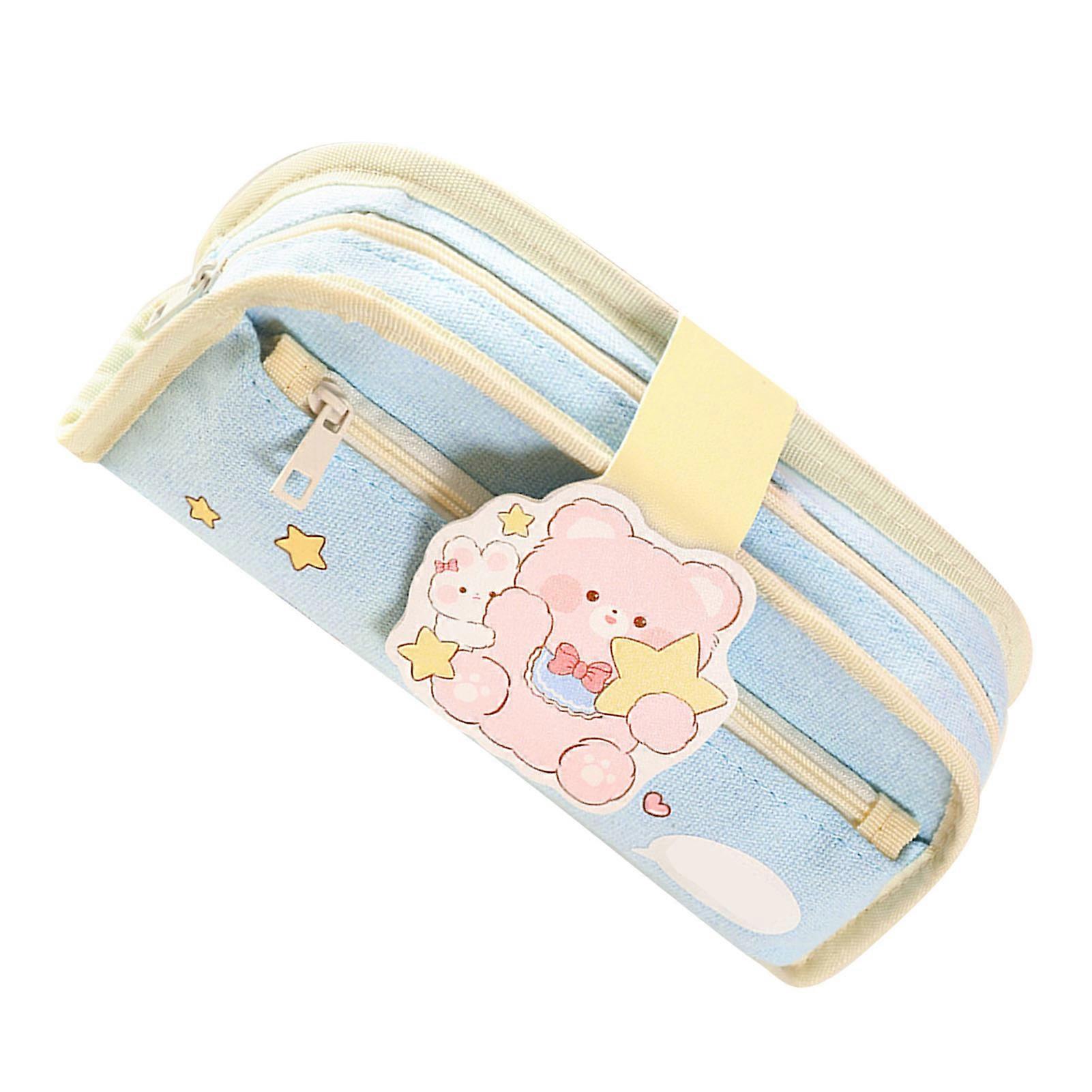 Cute Double Layer Canvas Pencil Bag Large Capacity 21.5x10.5x4.5cm Blue
