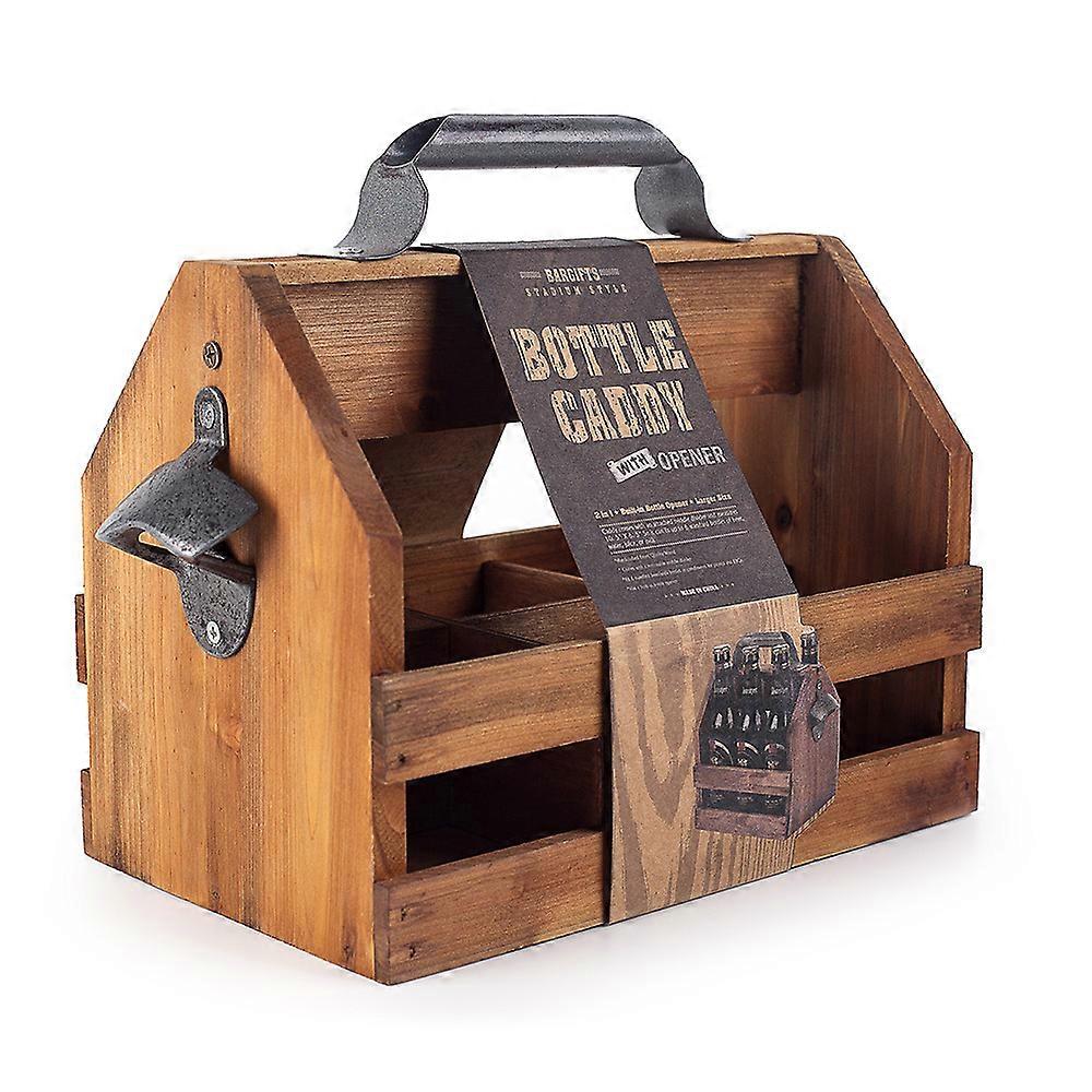 6-bottle wooden beer bottle basket with built-in removable metal bottle opener