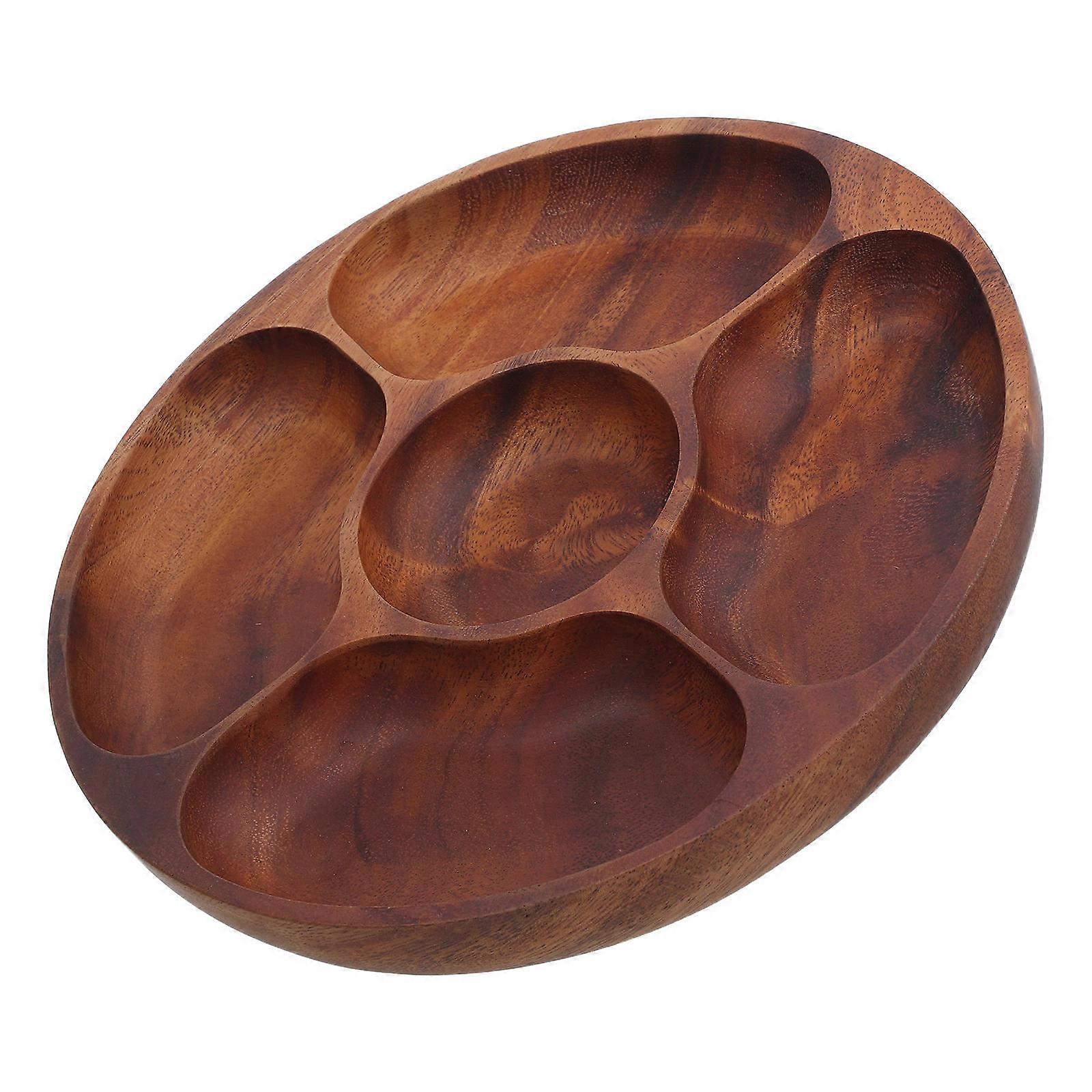 Round Divided Serving Tray Wood for Snack with Five Sections