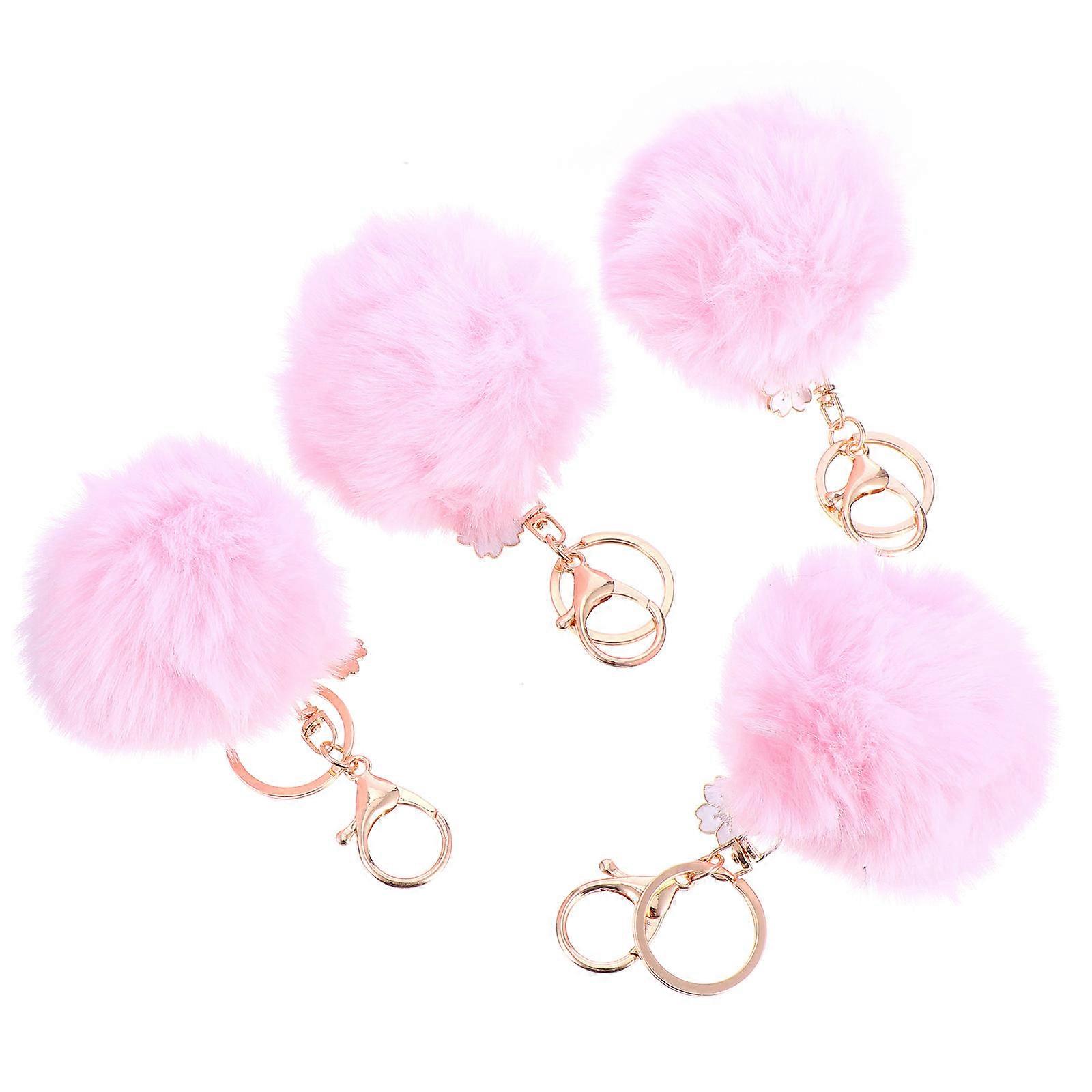 Pink Bag Hanging Pendant Flower Keyring with Fuzzy Ball 4Pcs