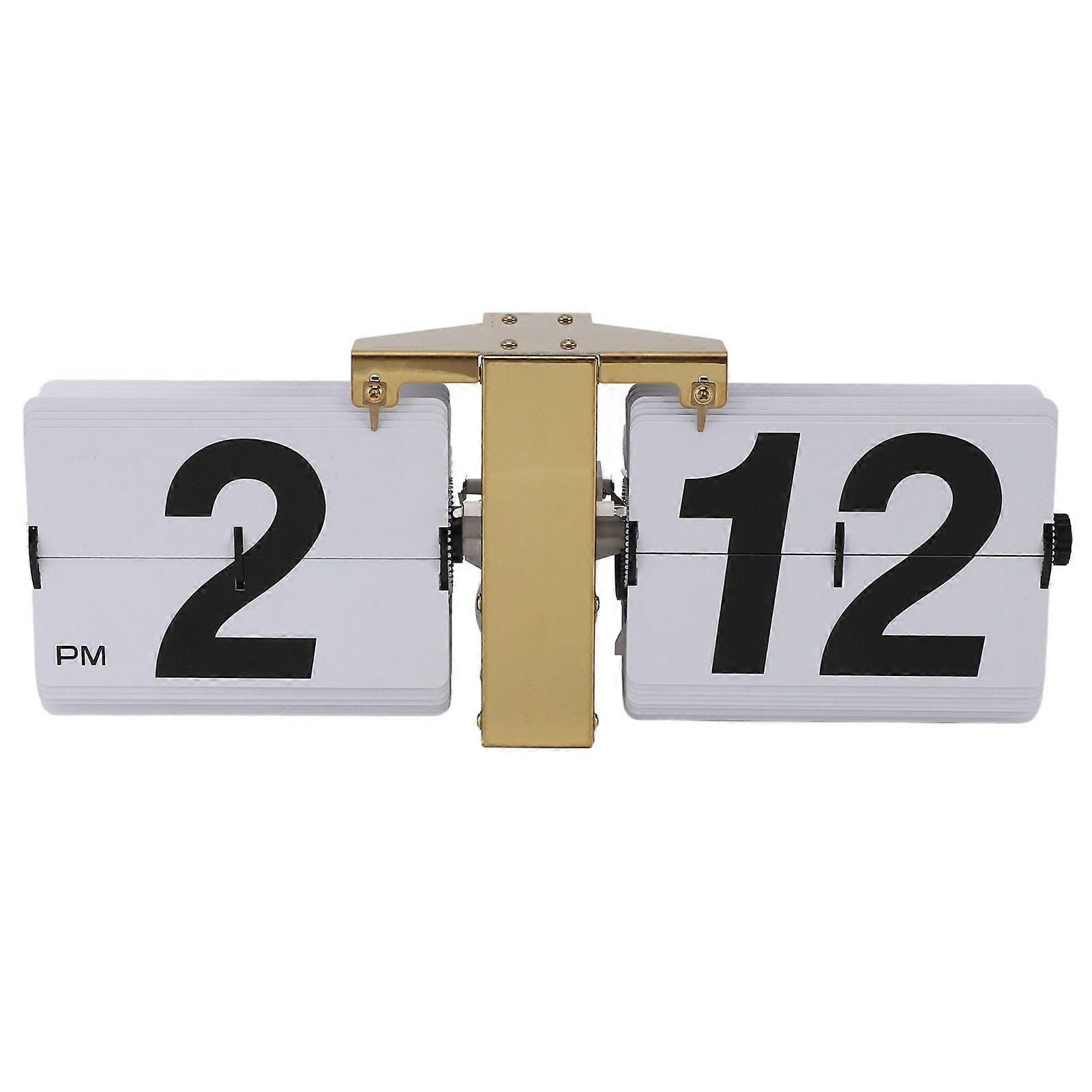 Automatic Flip Clock Mechanical Clock Battery Powered Retro Digital Flip Down Clock for Desktop Standing Wall Hanging 12H Gold Stand and White Flip