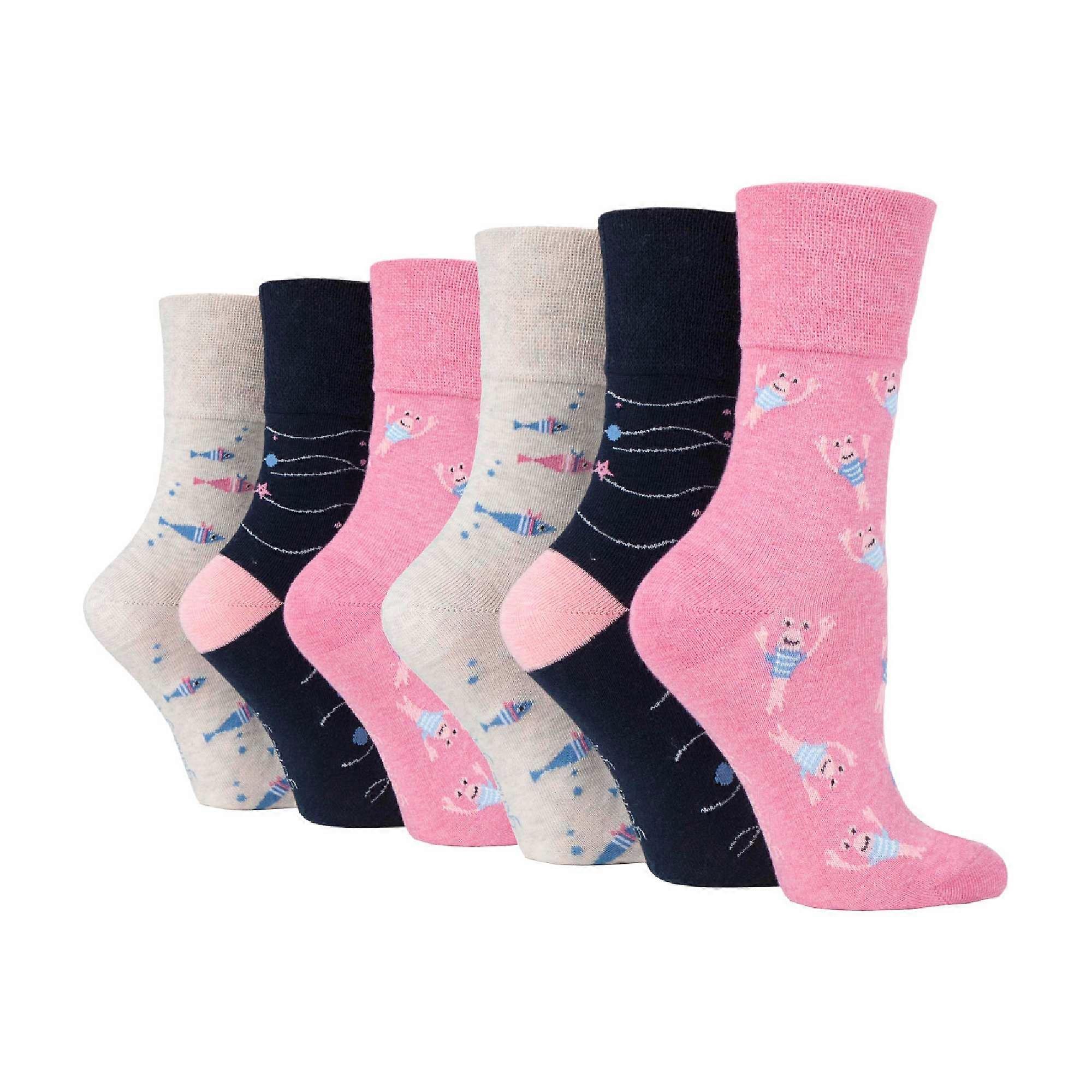 Gentle Grip - 6 Pairs Ladies Non Elastic Patterned Socks