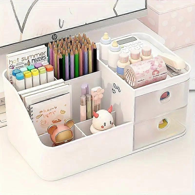 Large Capacity Desktop Storage Box with 6 Compartments & 2 Drawers, Multi-Functional Organizer for Office & Home Use, Stationary Multi Grids