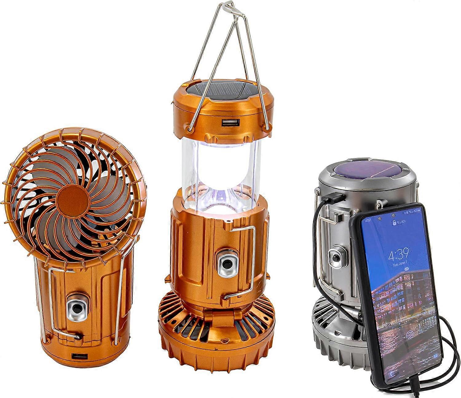 6-in-1 Solar Lantern with Fan, Charging Station & Battery Backup - Portable Rechargeable Camping Light - Copper (Regular Size) compatible with USB