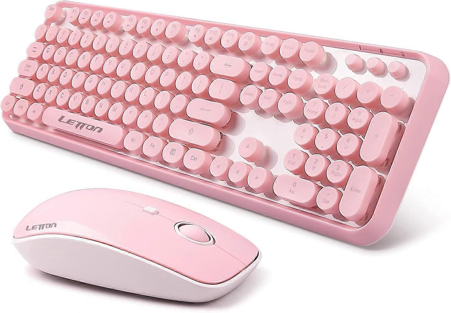 Pink Wireless Keyboard Mouse Combo, 2.4GHz Retro Typewriter, Full Size Office Computer Keyboard and Cute Mouse