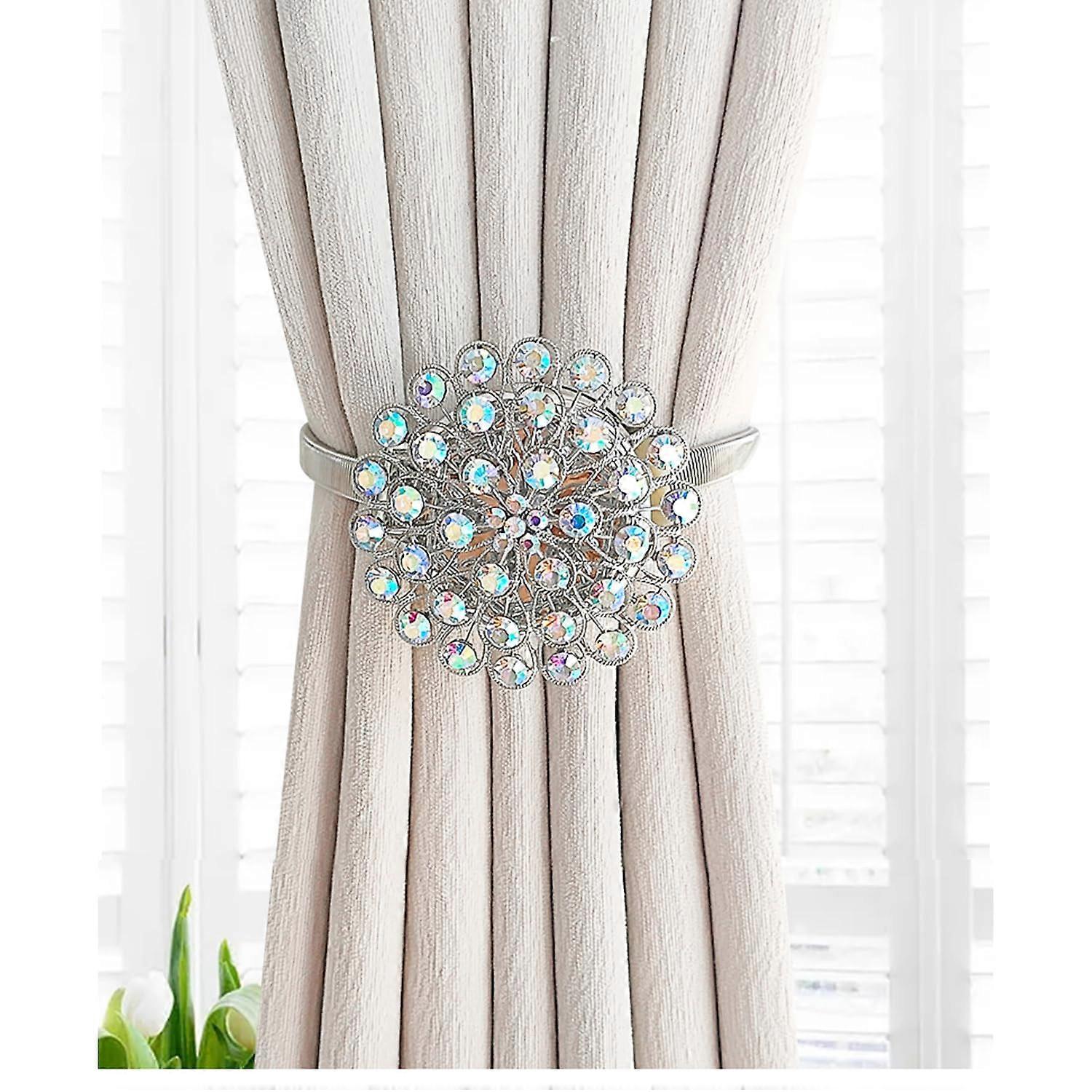 Magnetic Curtain Tiebacks with Crystal Flower, NoDrill Holdbacks for Home Office, 2 Pack Silvery and Colorful
