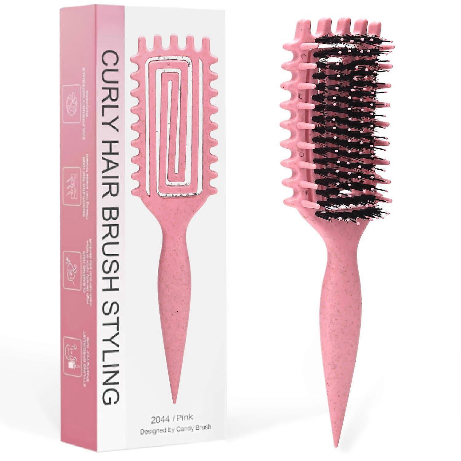 Curl Defining Brush for Curly Hair with Boar Bristles, Ergonomic Handle, Pink for Wet or Dry Styling