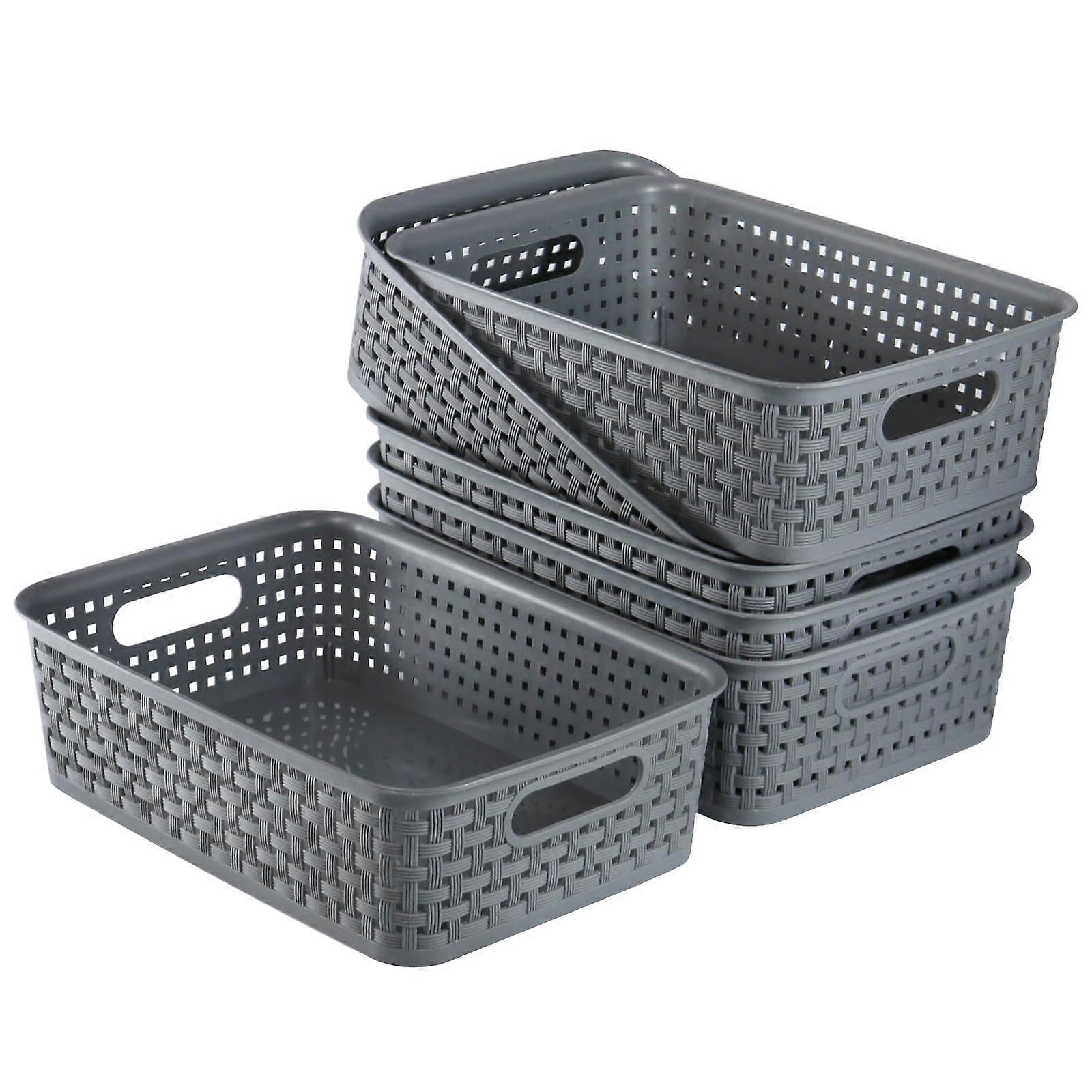 Plastic Storage Baskets 6 Pack Gray Woven Organizer Bins Small Stackable with Easy Carry Handles