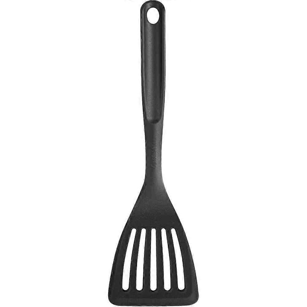 Black Slotted Turner with Long Handle and Ergonomic Grip for Cooking