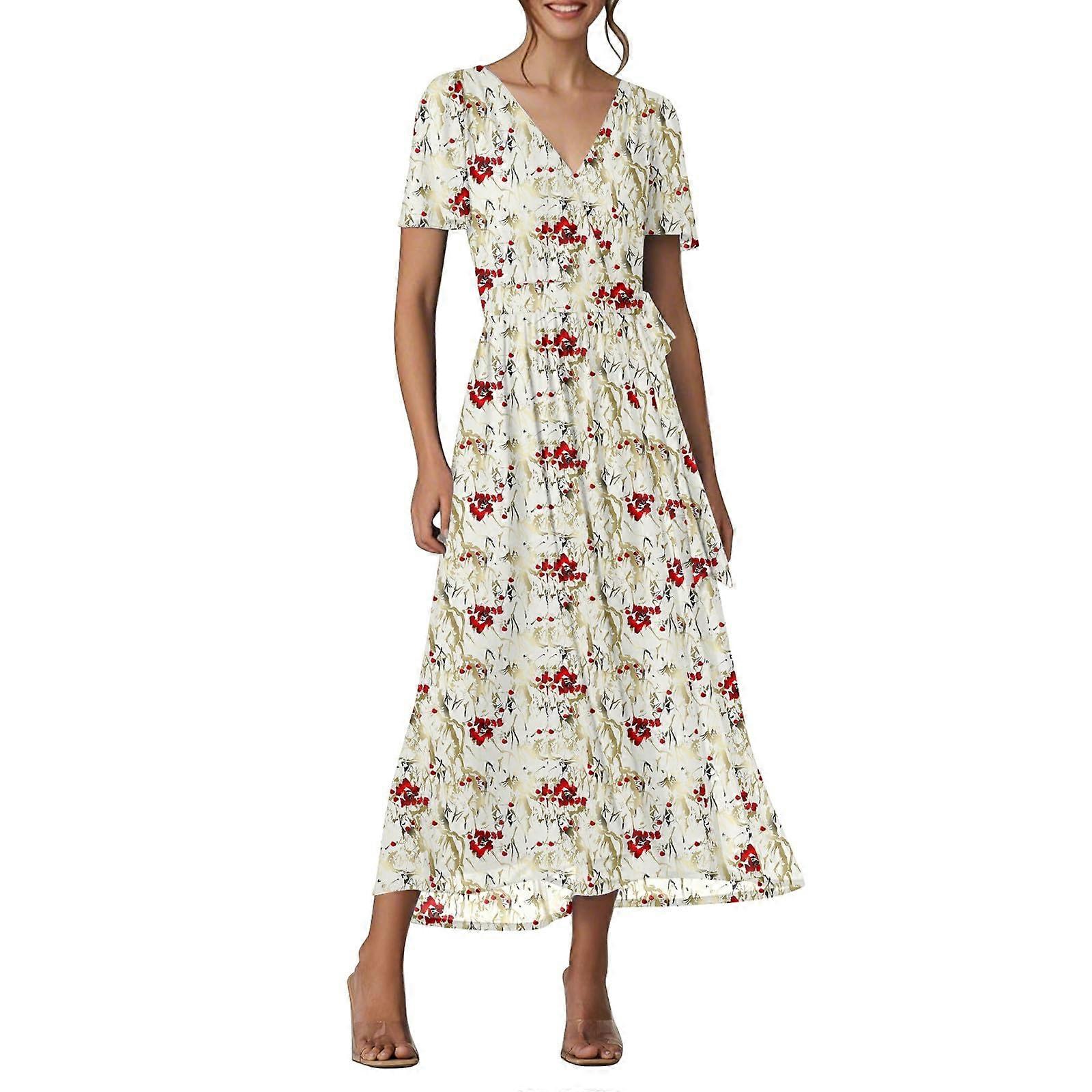 Long Flowy Floral Dresses for Women Short Sleeve V Neck Chiffon Maxi Dress  Beach Vacation Dresses Boho Summer Dress apricot M