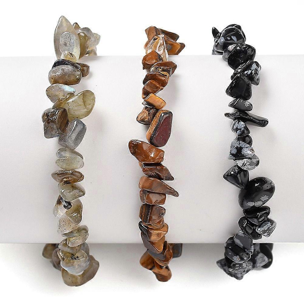 Chips Natural Labradorite & Snowflake Obsidian & Tiger Eye Beaded Stretch Bracelets sets Stackable Bracelets Inner Diameter: 2-1/8 inch(5.5cm) 3pcs/se