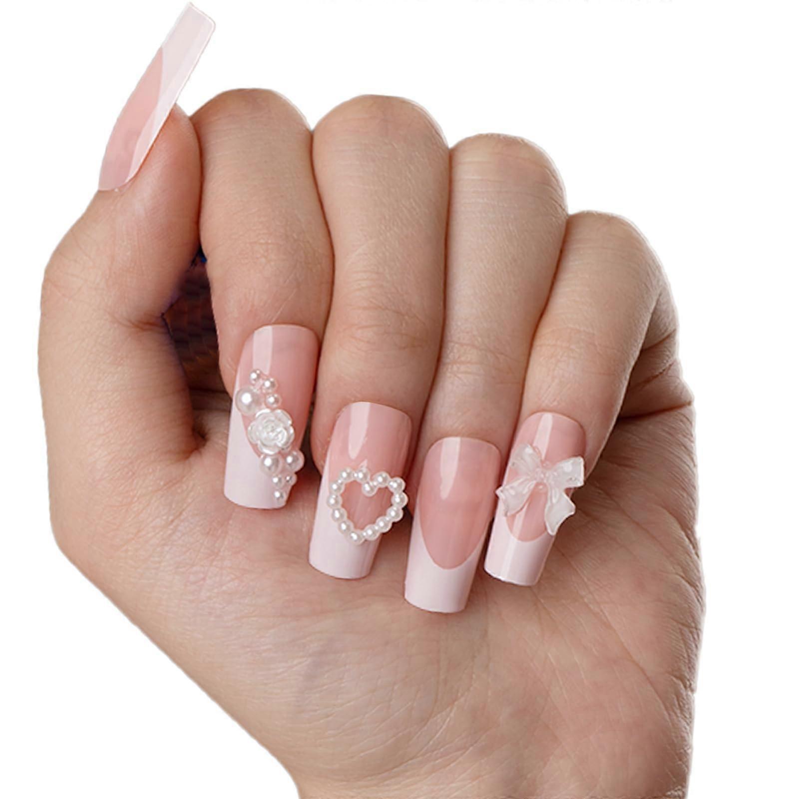 French Tip Press On Nails Long Square Pink Reusable Artificial Nail Set with Glue Tabs 12 Sizes