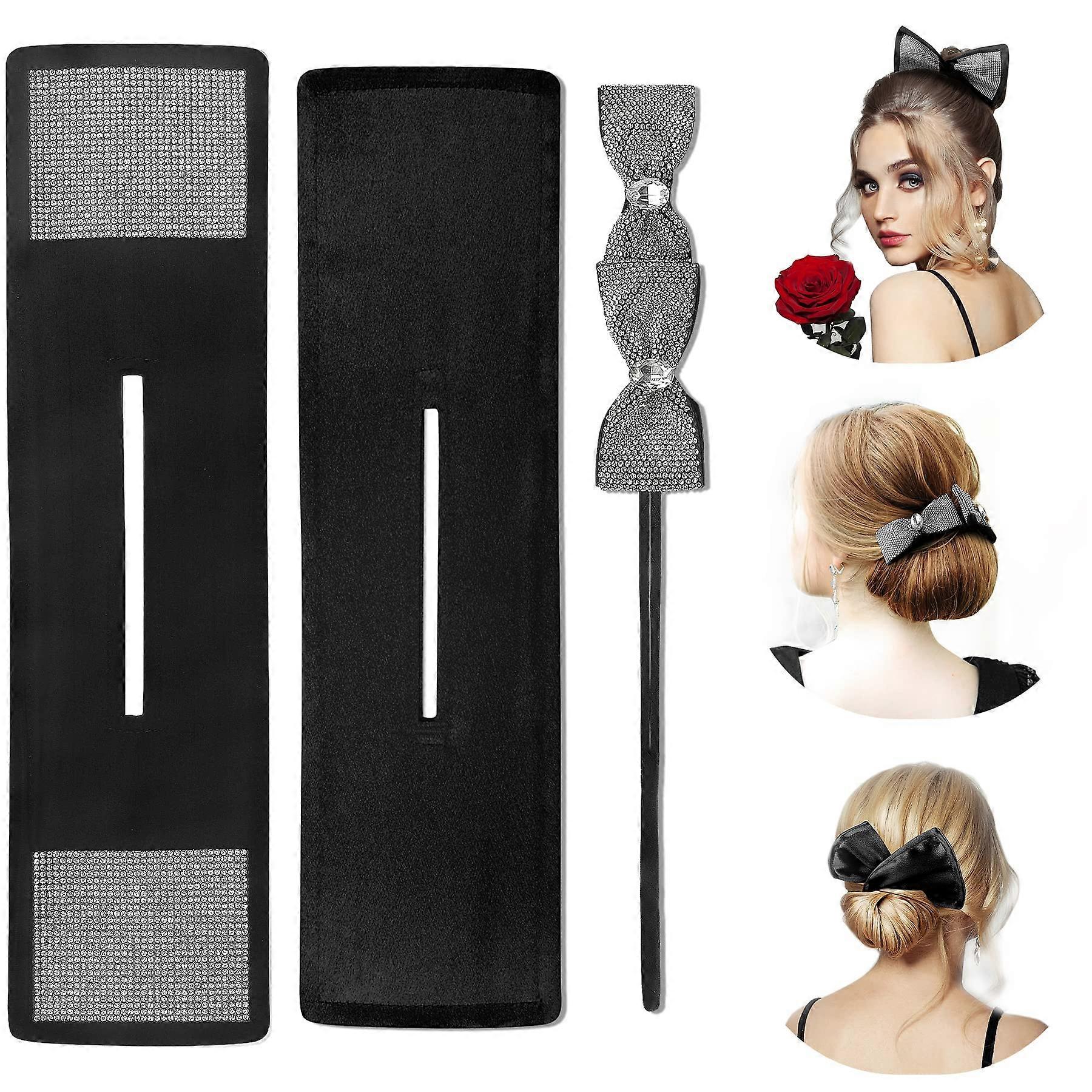 Rhinestone Bow Hair Bun Maker Set, Reusable Quick Styling Tool with Elegant Sparkle, 3 BlackSilver