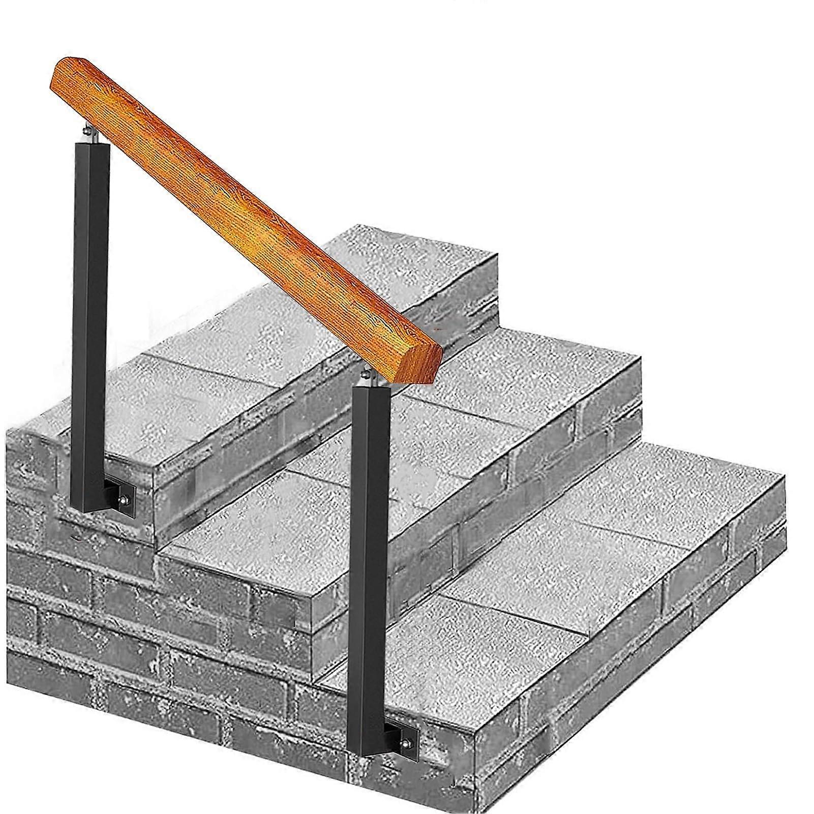 Outdoor Stair Railing with Solid Wood and Wrought Iron, Adjustable for 13 Steps, Black WallMount