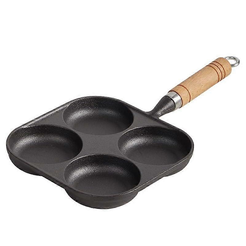 Cast Iron Breakfast Pan 4Hole NonStick Skillet with Wooden Handle for Eggs Dumplings Cooking