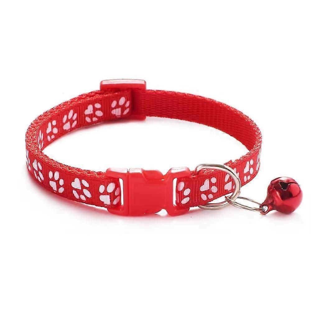 Adjustable Nylon Dog Collar with Bell for Small Medium Dogs Paw Print Design Red Medium