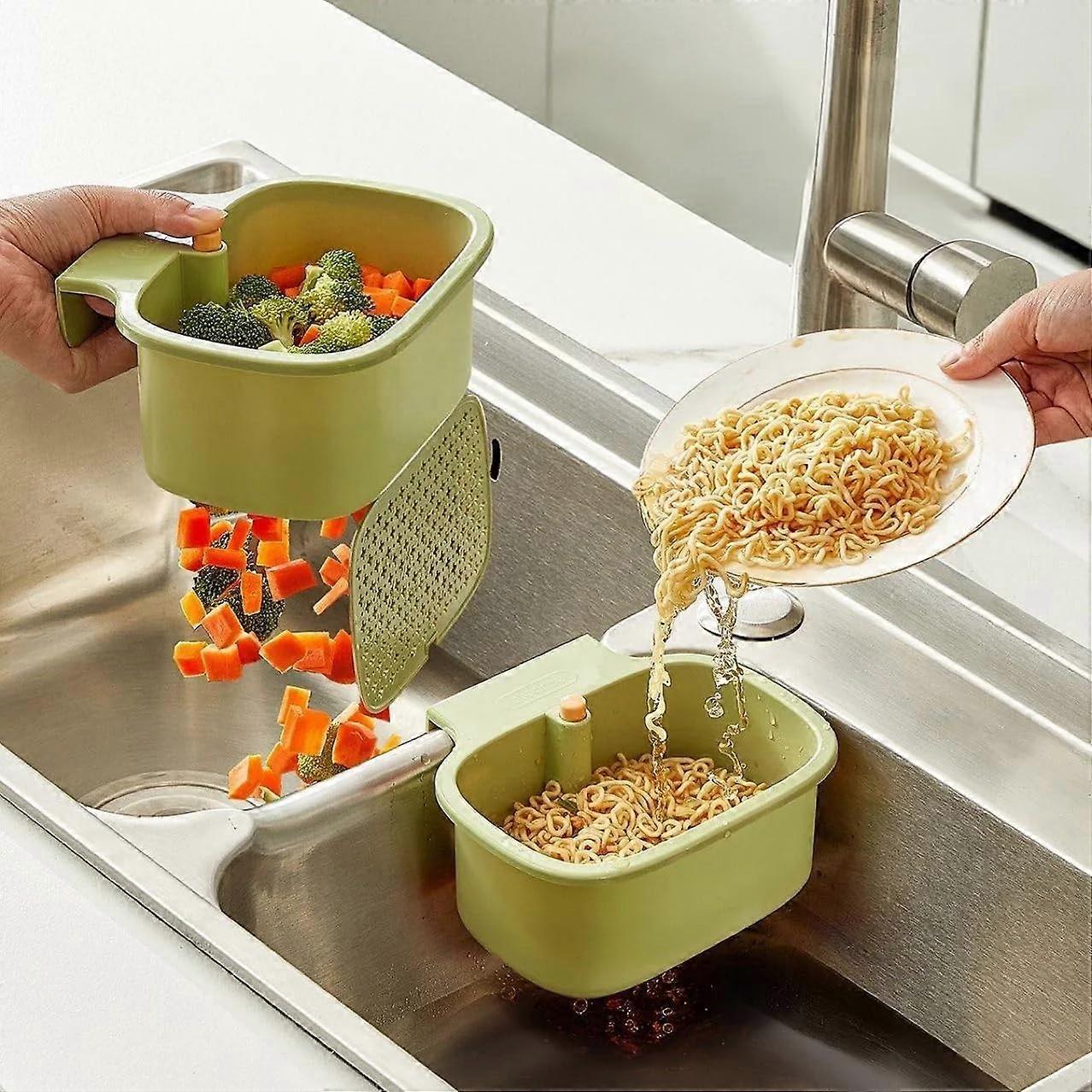 Large Hanging Sink Strainer Basket with OnePress Auto Dumping and Sponge Holder, Green