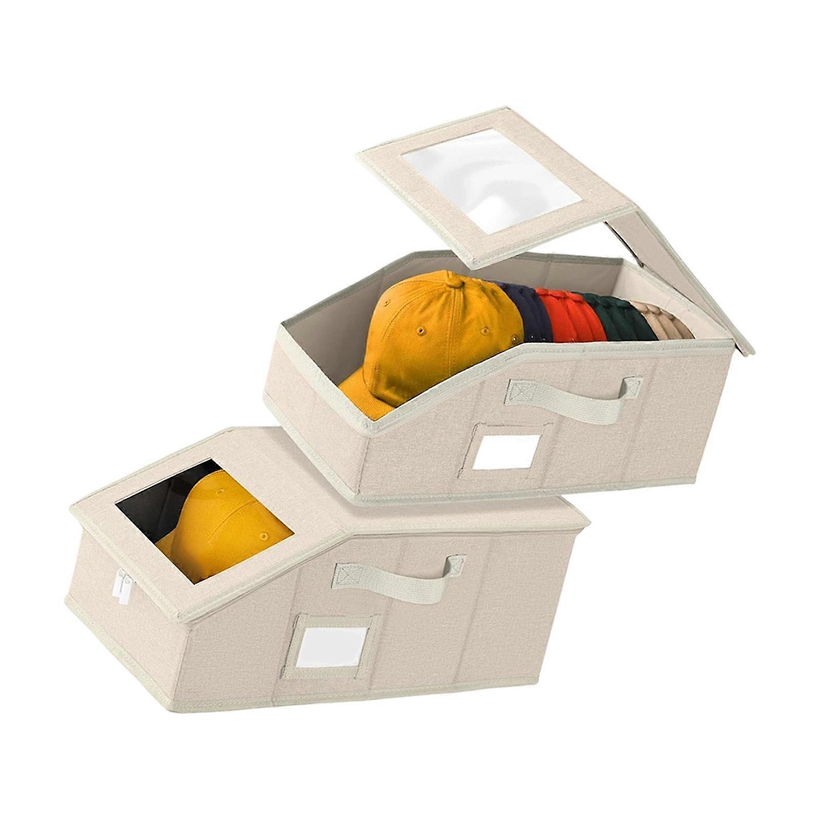 Pack of 2 Practical Stackable Hat Boxes Including See Through Panel for Easy Cap Viewing and Efficient Organization  milky