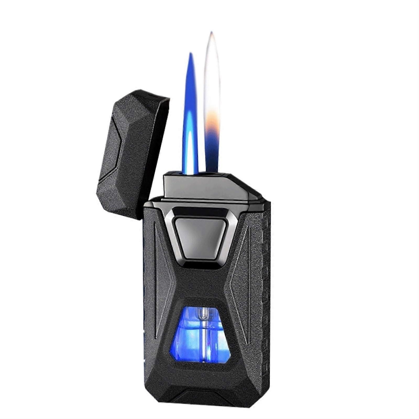 Windproof Double Flame Lighter with Voice Control, 4 Ignition Modes, Transparent Fuel Window, Black