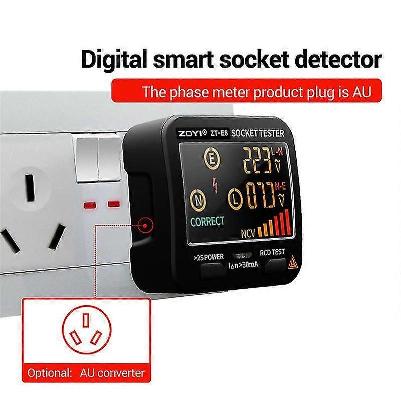 Zt-e8 Digital Smart Socket Tester Voltage Test Socket Detector Us//eu/au Plug Ground Zero Line Phase Check Rcd Ncv Test